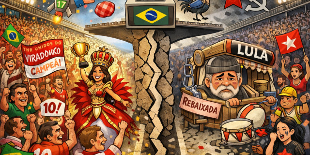 No desfile das narrativas, a festa encobre a fratura e transforma polarização em espetáculo.